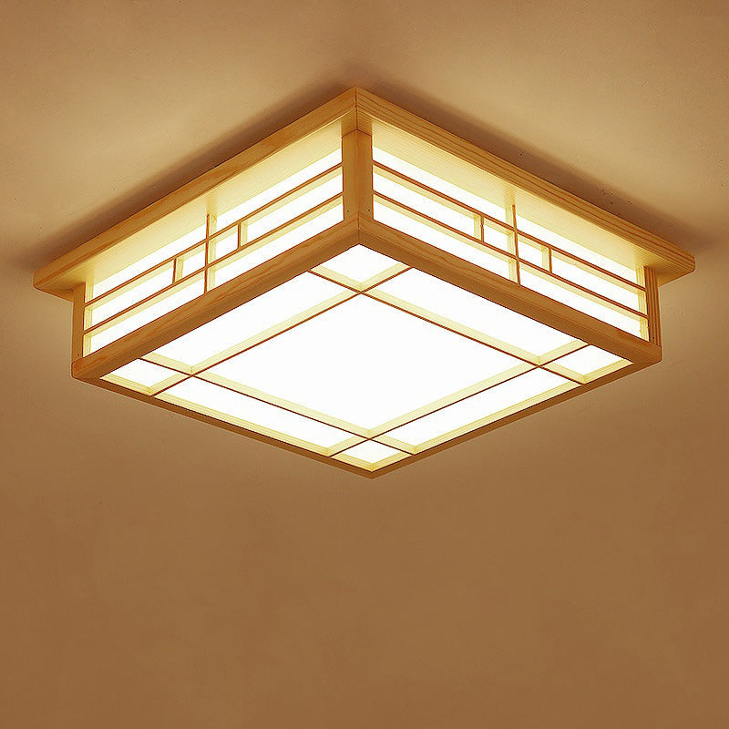 Traditional Japanese Square Lattice LED Ceiling Light in Parchment Pine Wood for Living Room