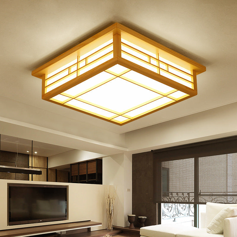 Traditional Japanese Square Lattice LED Ceiling Light in Parchment Pine Wood for Living Room