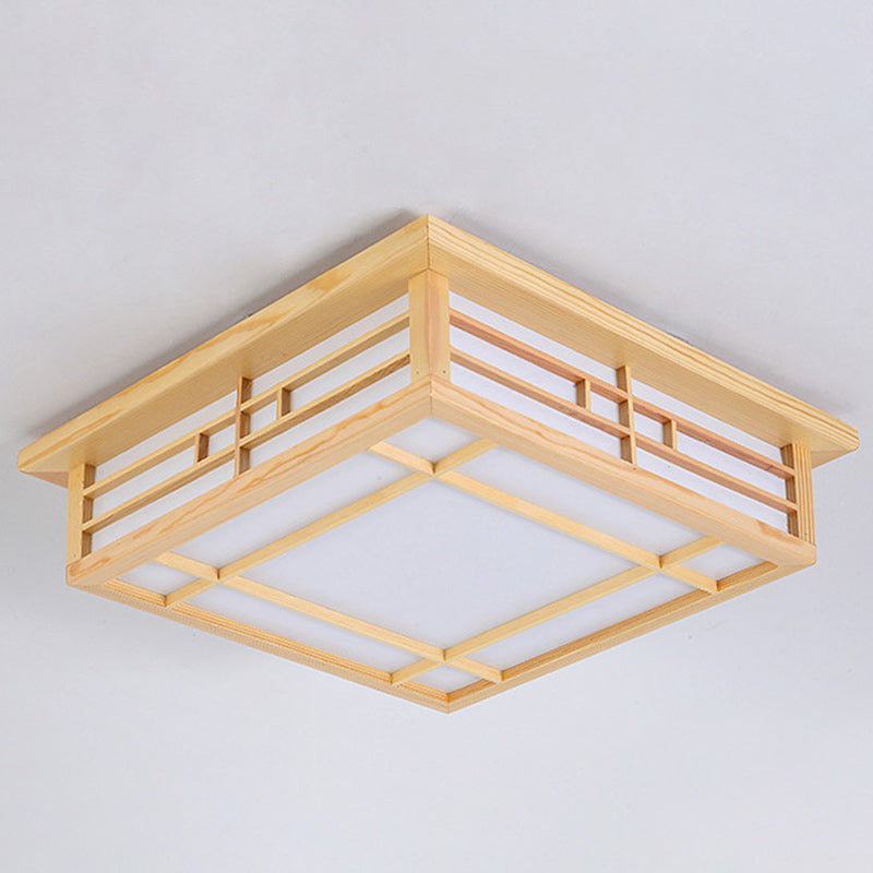 Traditional Japanese Square Lattice LED Ceiling Light in Parchment Pine Wood for Living Room