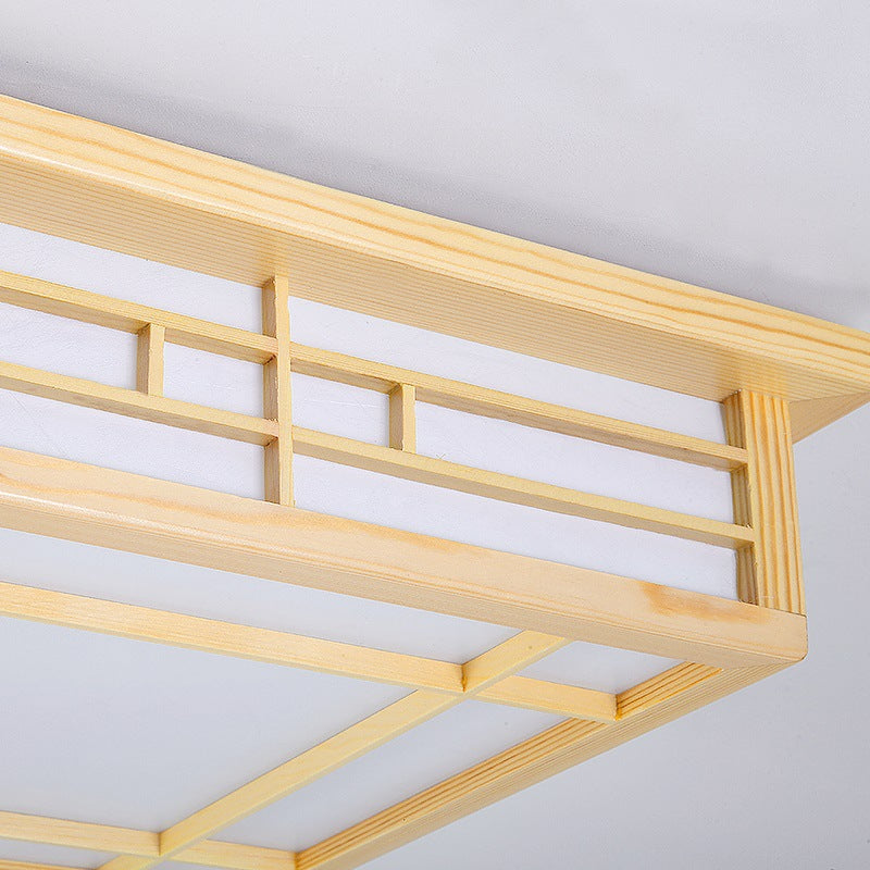 Traditional Japanese Square Lattice LED Ceiling Light in Parchment Pine Wood for Living Room