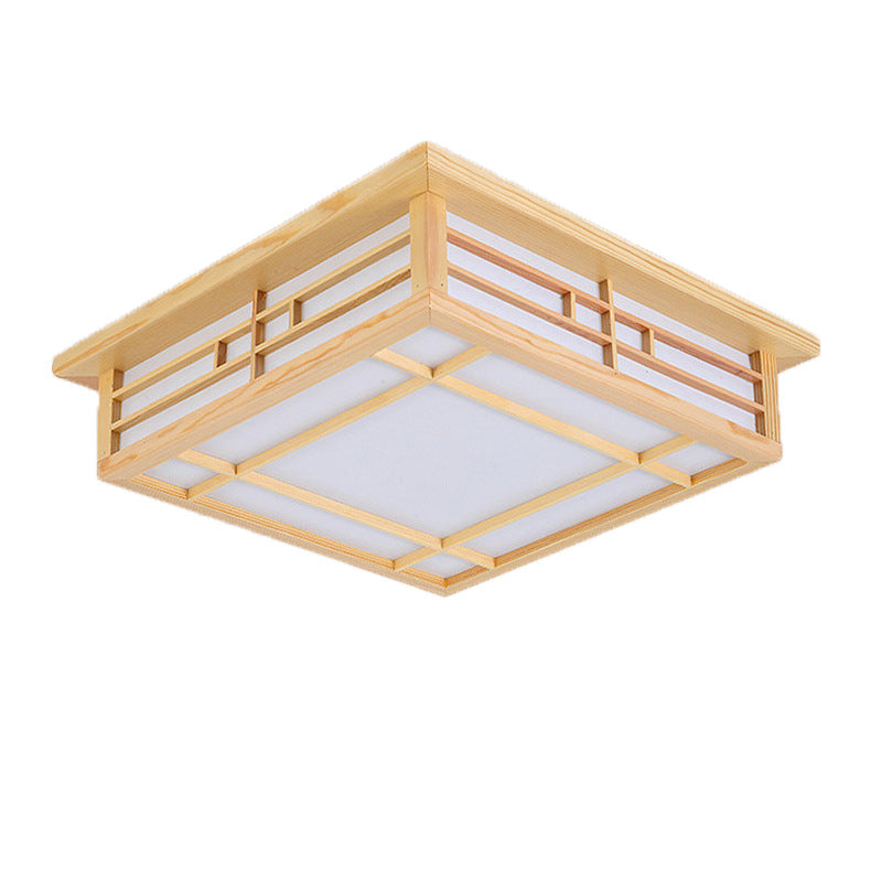 Traditional Japanese Square Lattice LED Ceiling Light in Parchment Pine Wood for Living Room