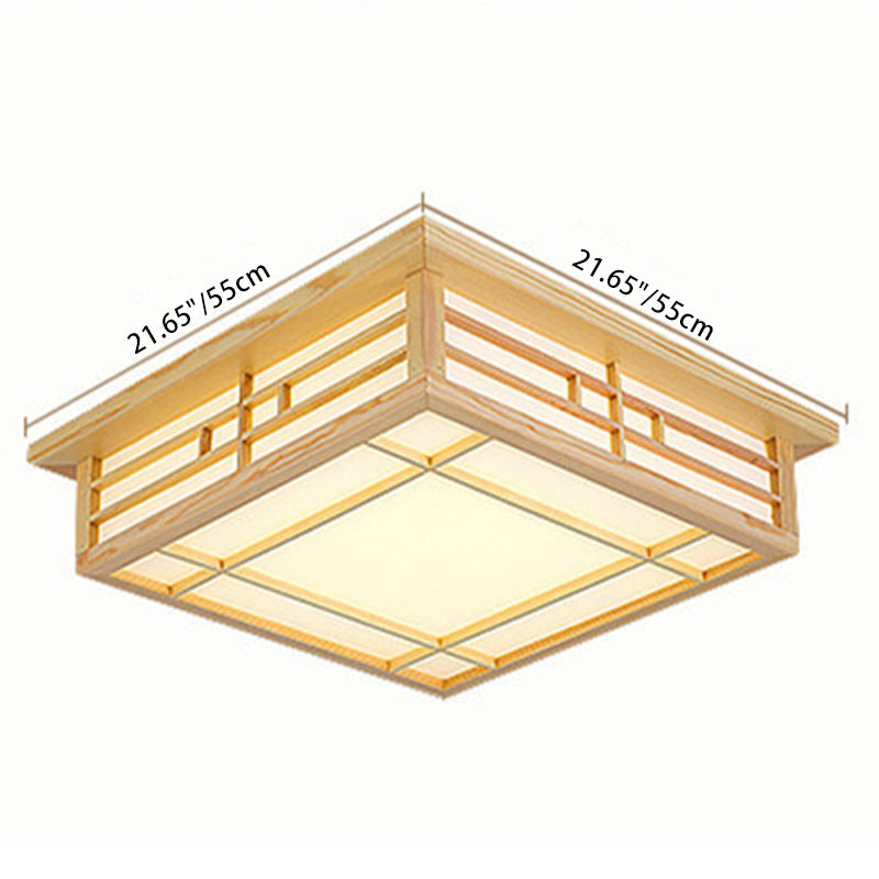 Traditional Japanese Square Lattice LED Ceiling Light in Parchment Pine Wood for Living Room