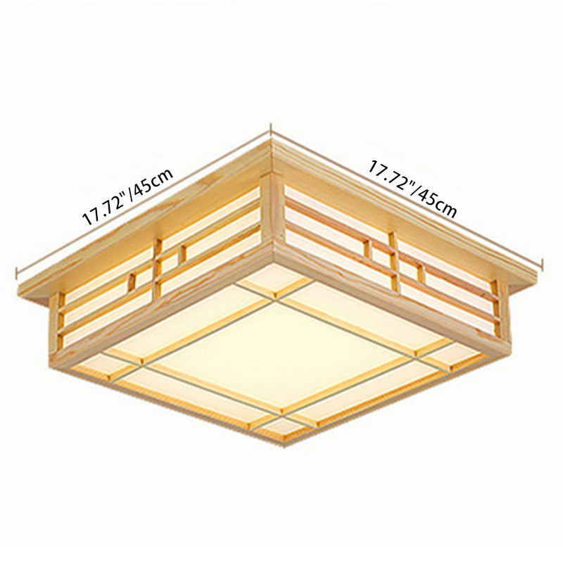 Traditional Japanese Square Lattice LED Ceiling Light in Parchment Pine Wood for Living Room