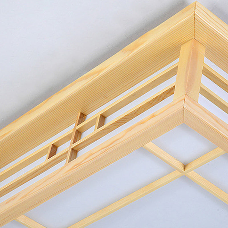 Traditional Japanese Square Lattice LED Ceiling Light in Parchment Pine Wood for Living Room