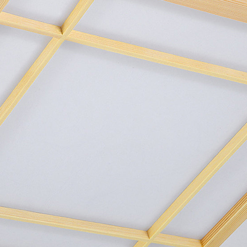 Traditional Japanese Square Lattice LED Ceiling Light in Parchment Pine Wood for Living Room