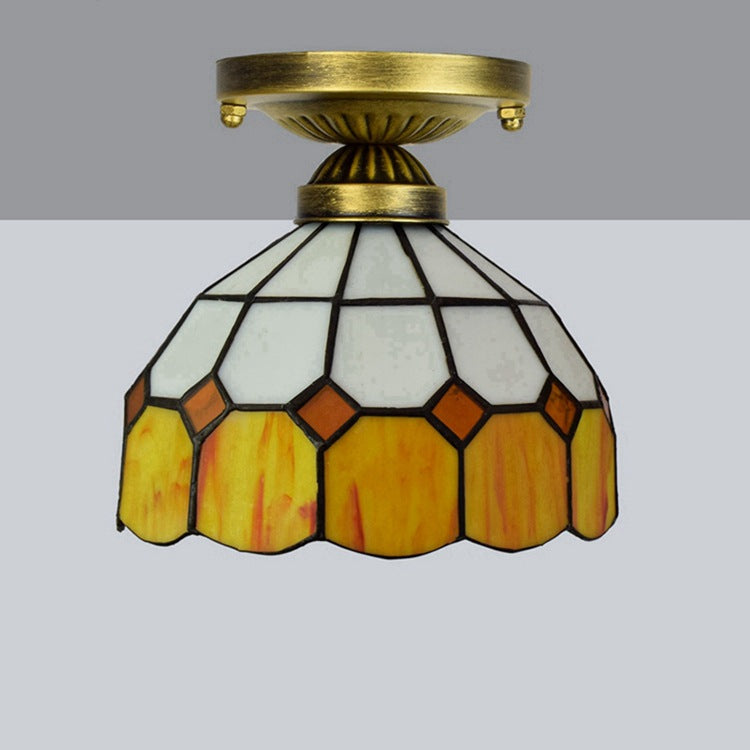 Traditional Tiffany Semi-Round Glass Iron 1-Light Semi-Flush Mount Ceiling Light for Living Room