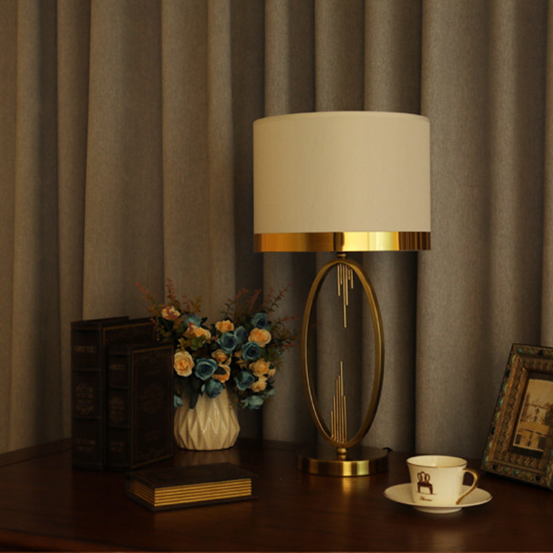 Modern Luxury Round Column Fabric Iron 1-Light Table Lamp for Living Room, Stylish Home Decor Lighting, Elegant Modern Design, Contemporary Lamp for Living Room, Adjustable Brightness Table Lamp, Unique Iron Base and Fabric Shade, Bedroom and Office Decor