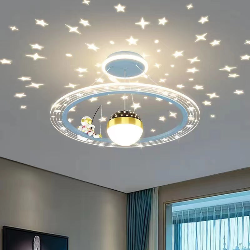 Modern Kids Astronaut Stars LED Chandelier, Minimalist Round Space Decor for Living Room