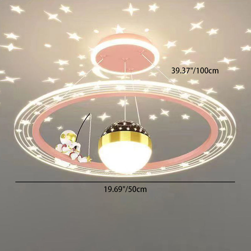 Modern Kids Astronaut Stars LED Chandelier, Minimalist Round Space Decor for Living Room