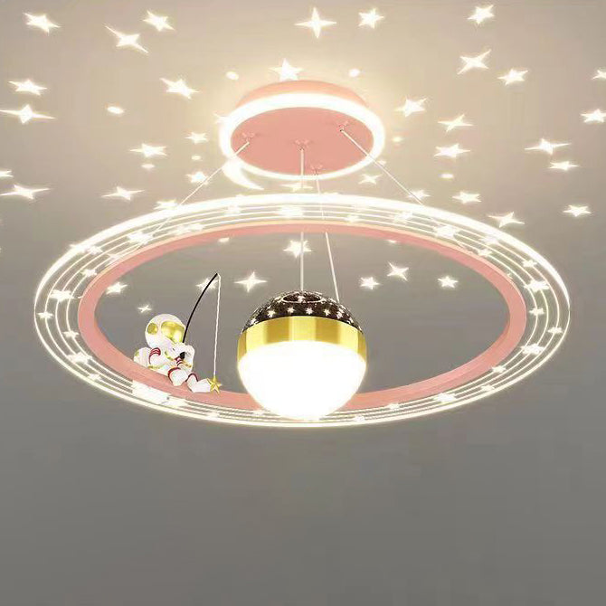 Modern Kids Astronaut Stars LED Chandelier, Minimalist Round Space Decor for Living Room