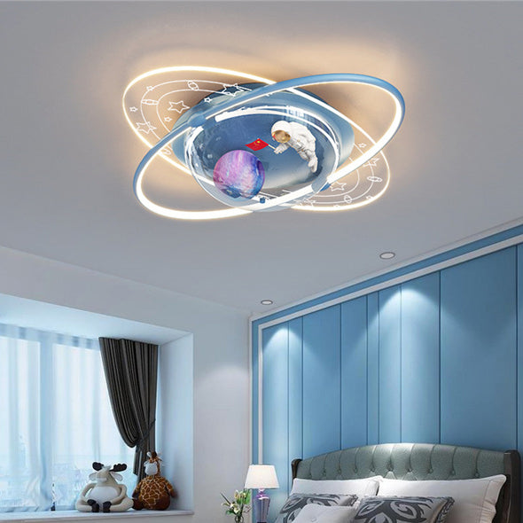 Modern Art Deco Kids Oval Astronaut Planet Acrylic Plaster Iron LED Flush Mount Ceiling Light Living Room Nursery Decor Unique Space Theme Lighting for Children’s Rooms Stylish Flush Mount Fixture Astronaut Design Adjustable Brightness Energy Efficient Il