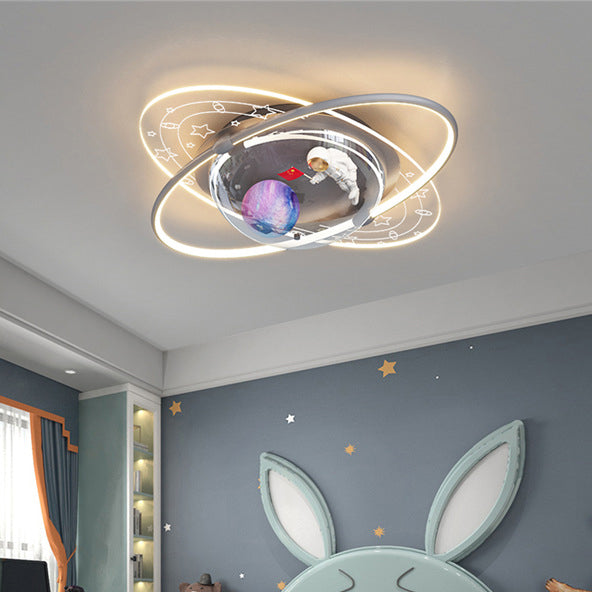 Modern Art Deco Kids Oval Astronaut Planet Acrylic Plaster Iron LED Flush Mount Ceiling Light Living Room Nursery Decor Unique Space Theme Lighting for Children’s Rooms Stylish Flush Mount Fixture Astronaut Design Adjustable Brightness Energy Efficient Il