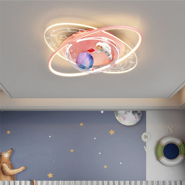 Modern Art Deco Kids Oval Astronaut Planet Acrylic Plaster Iron LED Flush Mount Ceiling Light Living Room Nursery Decor Unique Space Theme Lighting for Children’s Rooms Stylish Flush Mount Fixture Astronaut Design Adjustable Brightness Energy Efficient Il