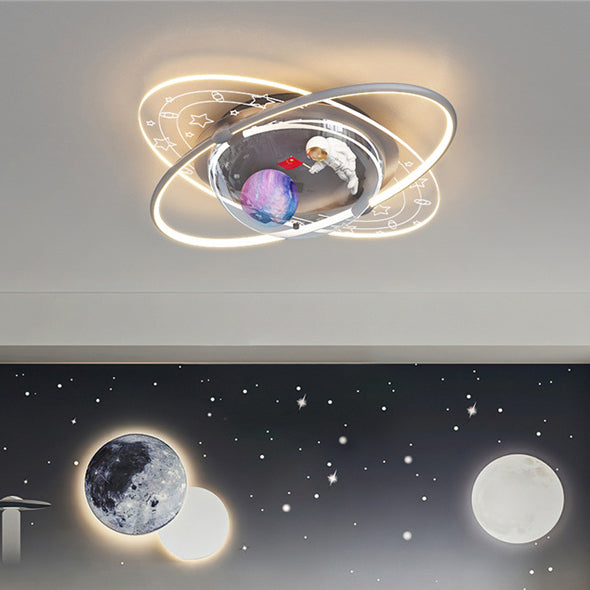 Modern Art Deco Kids Oval Astronaut Planet Acrylic Plaster Iron LED Flush Mount Ceiling Light Living Room Nursery Decor Unique Space Theme Lighting for Children’s Rooms Stylish Flush Mount Fixture Astronaut Design Adjustable Brightness Energy Efficient Il