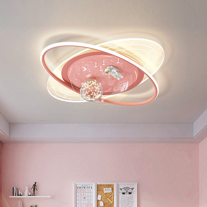 Modern Art Deco Kids Oval Astronaut Planet Acrylic Plaster Iron LED Flush Mount Ceiling Light Living Room Nursery Decor Unique Space Theme Lighting for Children’s Rooms Stylish Flush Mount Fixture Astronaut Design Adjustable Brightness Energy Efficient Il