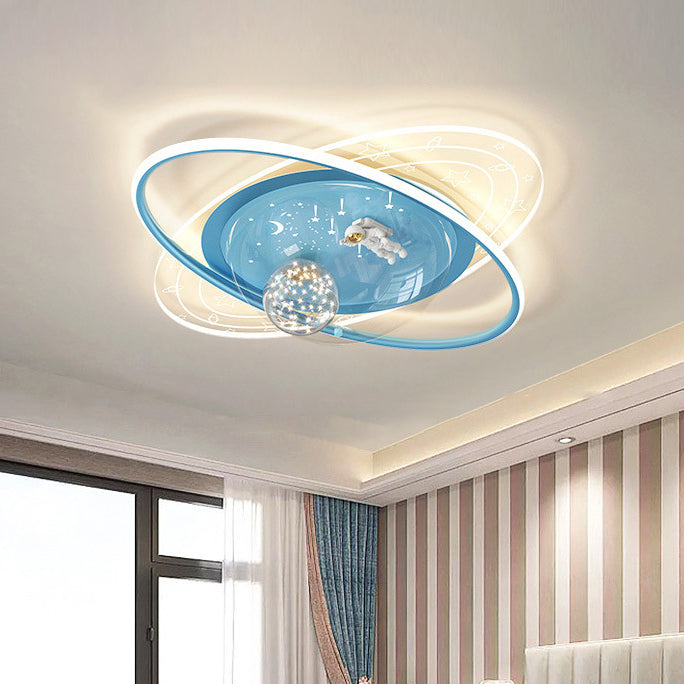 Modern Art Deco Kids Oval Astronaut Planet Acrylic Plaster Iron LED Flush Mount Ceiling Light Living Room Nursery Decor Unique Space Theme Lighting for Children’s Rooms Stylish Flush Mount Fixture Astronaut Design Adjustable Brightness Energy Efficient Il