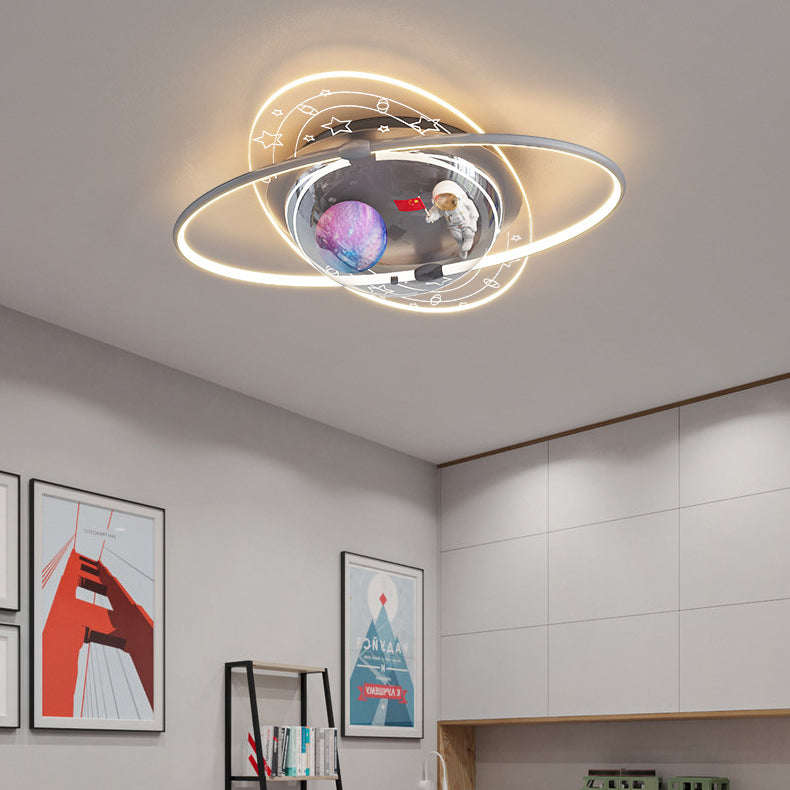 Modern Art Deco Kids Oval Astronaut Planet Acrylic Plaster Iron LED Flush Mount Ceiling Light Living Room Nursery Decor Unique Space Theme Lighting for Children’s Rooms Stylish Flush Mount Fixture Astronaut Design Adjustable Brightness Energy Efficient Il