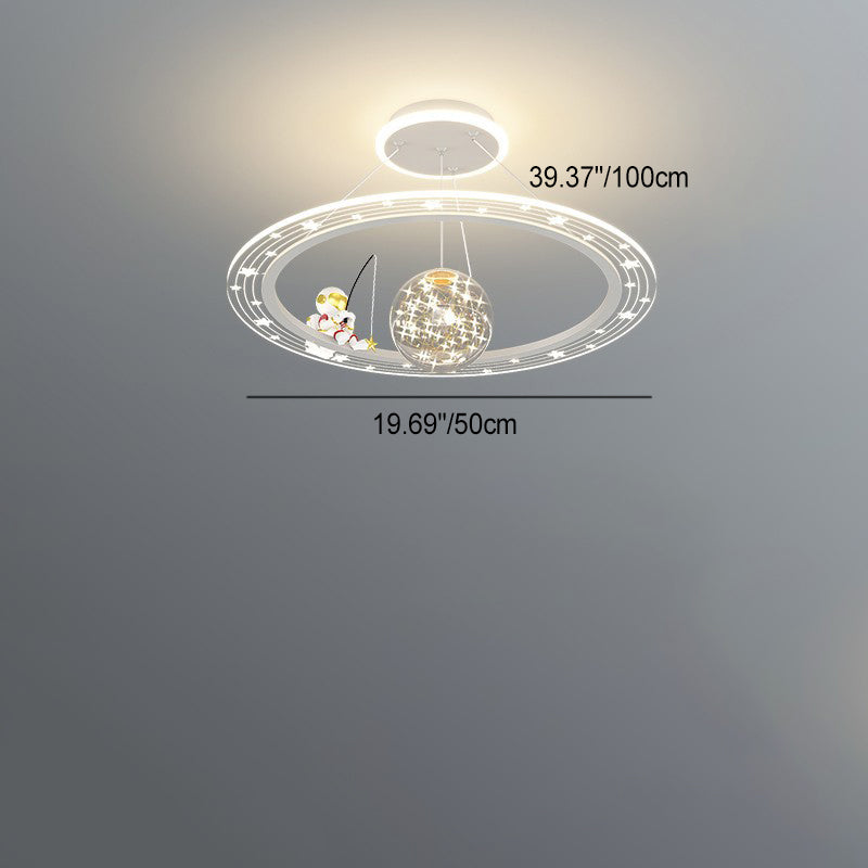 Modern Art Deco Kids Astronaut Planet Round Acrylic Iron LED Chandelier for Living Room, Unique Space-Themed Ceiling Light, Stylish Children's Room Lighting, Decorative LED Pendant Light, Fun Astronomy Lamp, Kids Room Decor, Contemporary Chandelier for Bo