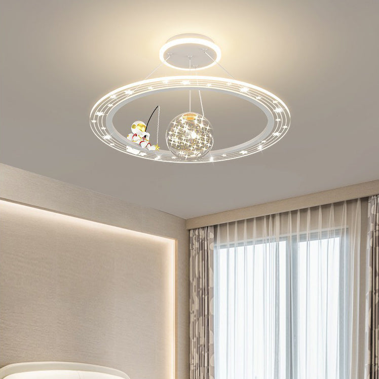 Modern Art Deco Kids Astronaut Planet Round Acrylic Iron LED Chandelier for Living Room, Unique Space-Themed Ceiling Light, Stylish Children's Room Lighting, Decorative LED Pendant Light, Fun Astronomy Lamp, Kids Room Decor, Contemporary Chandelier for Bo