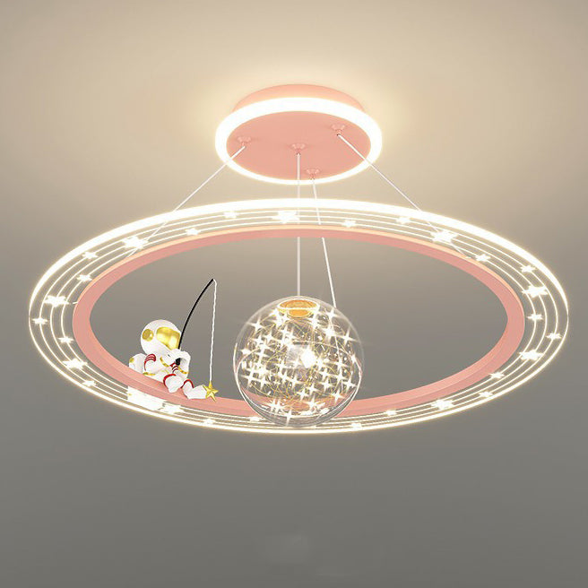 Modern Art Deco Kids Astronaut Planet Round Acrylic Iron LED Chandelier for Living Room, Unique Space-Themed Ceiling Light, Stylish Children's Room Lighting, Decorative LED Pendant Light, Fun Astronomy Lamp, Kids Room Decor, Contemporary Chandelier for Bo