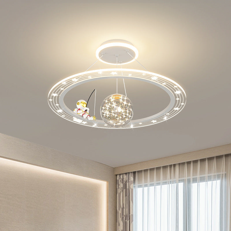 Modern Art Deco Kids Astronaut Planet Round Acrylic Iron LED Chandelier for Living Room, Unique Space-Themed Ceiling Light, Stylish Children's Room Lighting, Decorative LED Pendant Light, Fun Astronomy Lamp, Kids Room Decor, Contemporary Chandelier for Bo