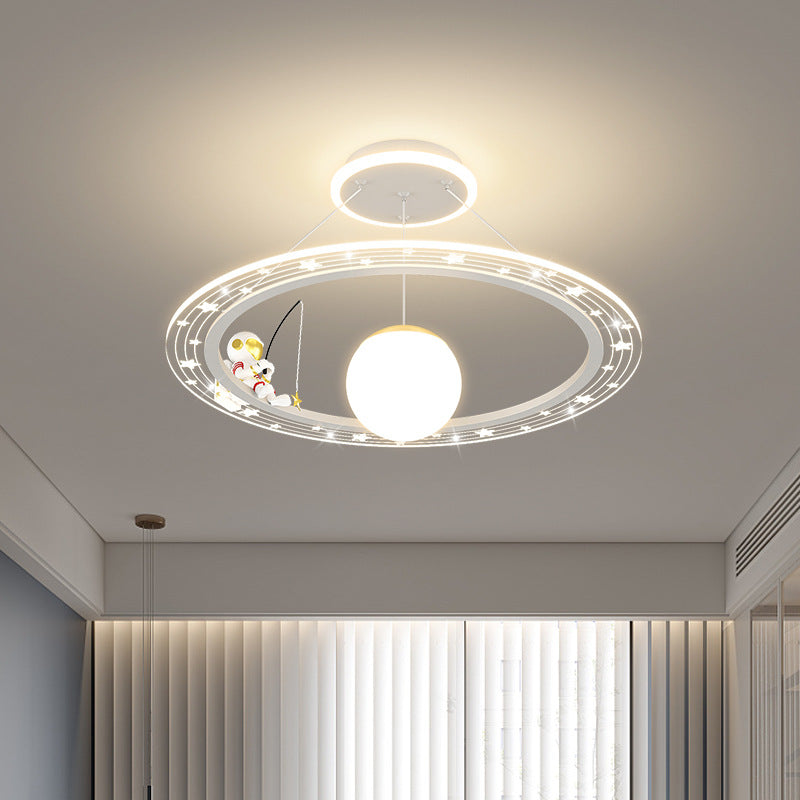 Modern Art Deco Kids Astronaut Planet Round Acrylic Iron LED Chandelier for Living Room, Unique Space-Themed Ceiling Light, Stylish Children's Room Lighting, Decorative LED Pendant Light, Fun Astronomy Lamp, Kids Room Decor, Contemporary Chandelier for Bo