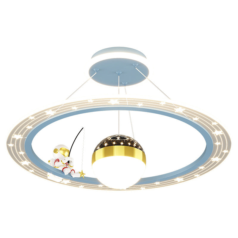 Modern Art Deco Kids Astronaut Planet Round Acrylic Iron LED Chandelier for Living Room, Unique Space-Themed Ceiling Light, Stylish Children's Room Lighting, Decorative LED Pendant Light, Fun Astronomy Lamp, Kids Room Decor, Contemporary Chandelier for Bo