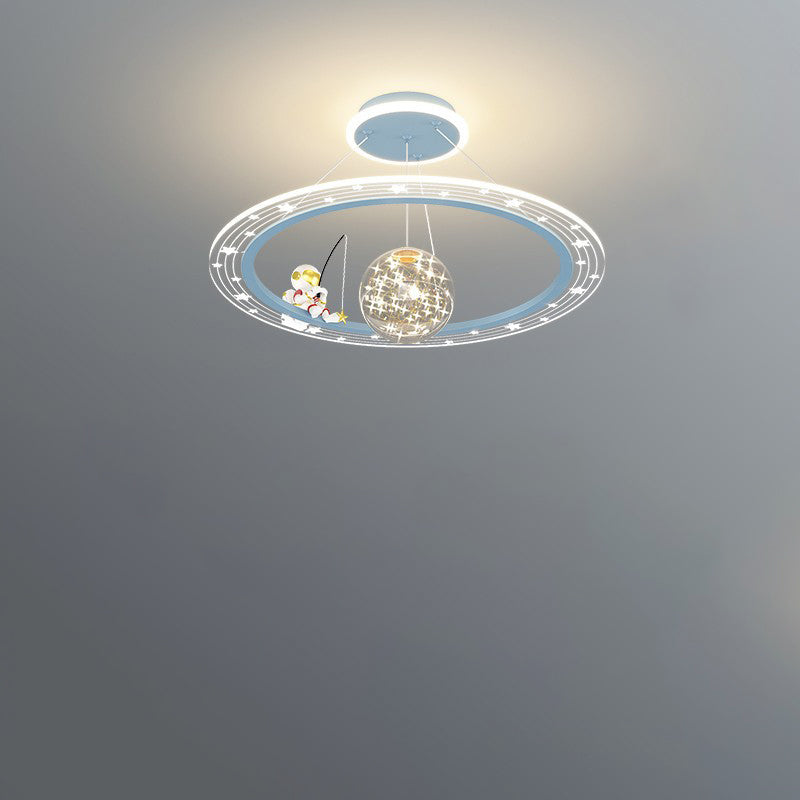 Modern Art Deco Kids Astronaut Planet Round Acrylic Iron LED Chandelier for Living Room, Unique Space-Themed Ceiling Light, Stylish Children's Room Lighting, Decorative LED Pendant Light, Fun Astronomy Lamp, Kids Room Decor, Contemporary Chandelier for Bo