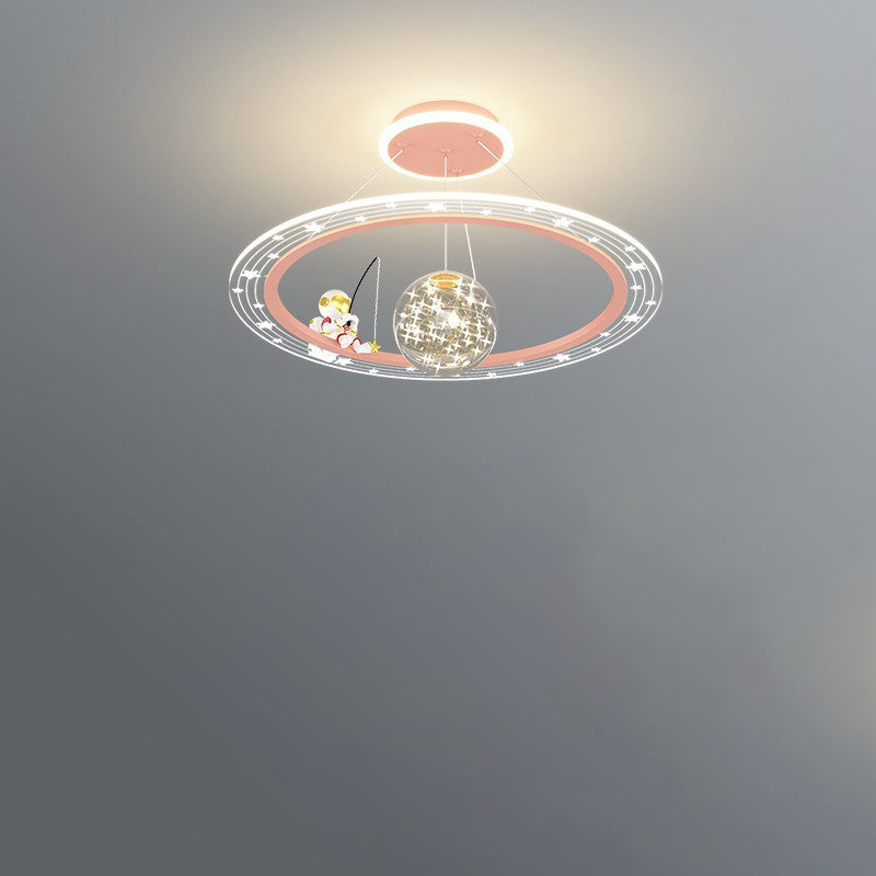 Modern Art Deco Kids Astronaut Planet Round Acrylic Iron LED Chandelier for Living Room, Unique Space-Themed Ceiling Light, Stylish Children's Room Lighting, Decorative LED Pendant Light, Fun Astronomy Lamp, Kids Room Decor, Contemporary Chandelier for Bo