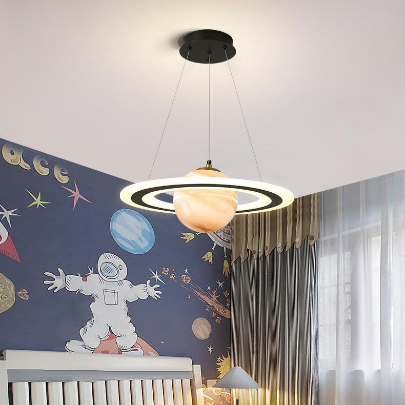 Modern Art Deco Kids Round Planet Spaceman Acrylic Iron LED Chandelier for Living Room, Unique Kids Room Lighting, Space-Themed Decorative Light Fixture, Stylish LED Hanging Light, Designer Chandelier for Children's Room, Contemporary Planetarium Lighting