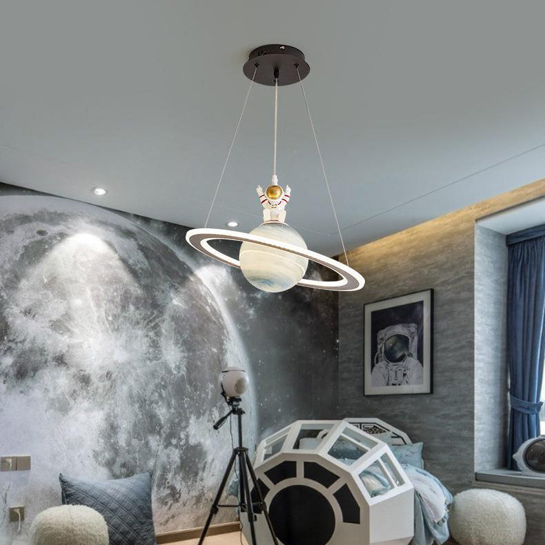 Modern Art Deco Kids Round Planet Spaceman Acrylic Iron LED Chandelier for Living Room, Unique Kids Room Lighting, Space-Themed Decorative Light Fixture, Stylish LED Hanging Light, Designer Chandelier for Children's Room, Contemporary Planetarium Lighting