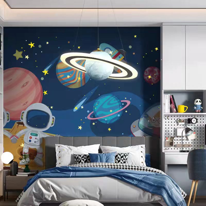 Modern Art Deco Kids Round Planet Spaceman Acrylic Iron LED Chandelier for Living Room, Unique Kids Room Lighting, Space-Themed Decorative Light Fixture, Stylish LED Hanging Light, Designer Chandelier for Children's Room, Contemporary Planetarium Lighting