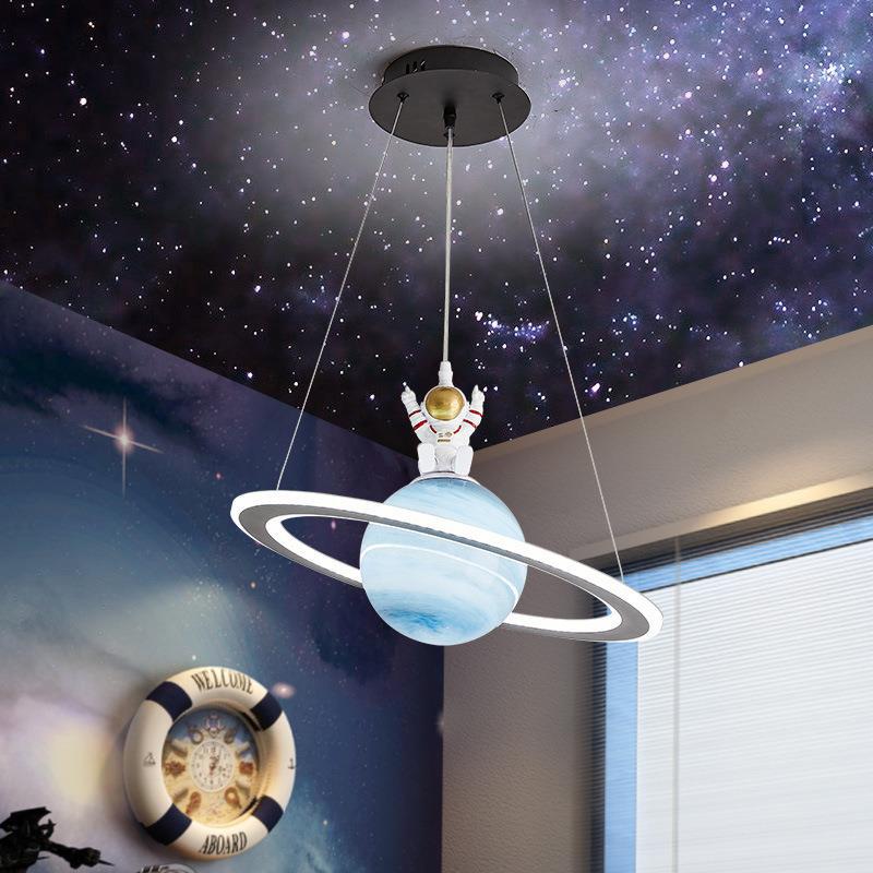 Modern Art Deco Kids Round Planet Spaceman Acrylic Iron LED Chandelier for Living Room, Unique Kids Room Lighting, Space-Themed Decorative Light Fixture, Stylish LED Hanging Light, Designer Chandelier for Children's Room, Contemporary Planetarium Lighting
