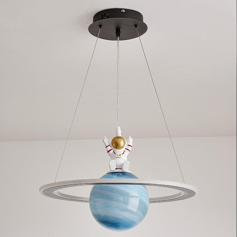 Modern Art Deco Kids Round Planet Spaceman Acrylic Iron LED Chandelier for Living Room, Unique Kids Room Lighting, Space-Themed Decorative Light Fixture, Stylish LED Hanging Light, Designer Chandelier for Children's Room, Contemporary Planetarium Lighting