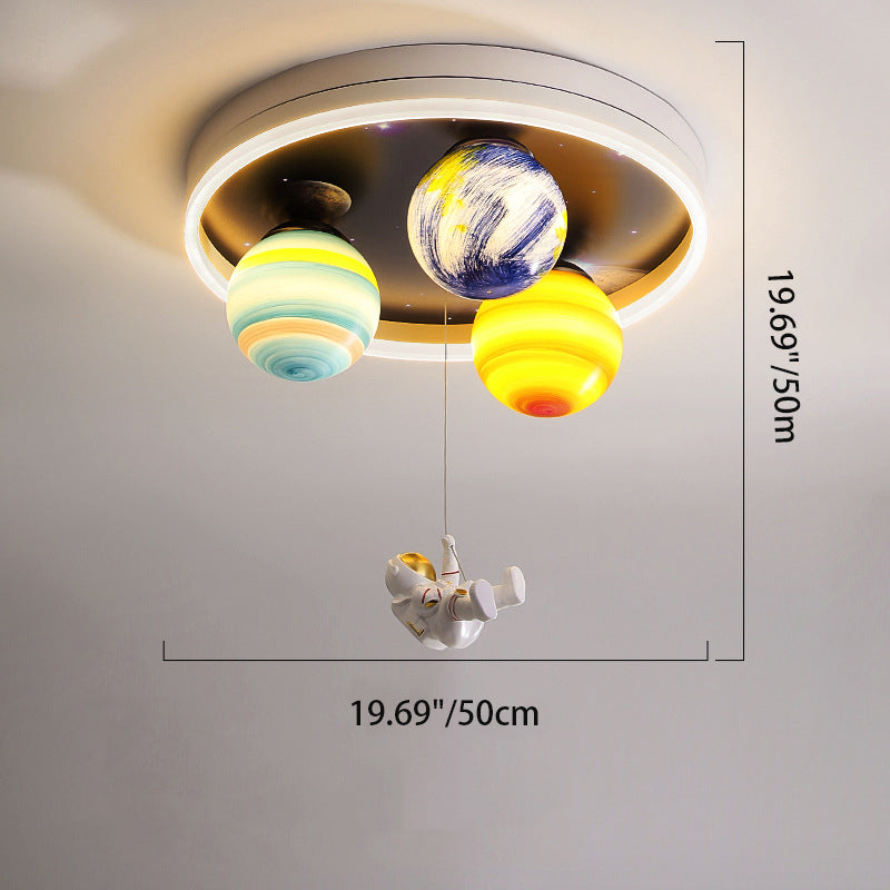 Modern Art Deco Kids Planet Astronaut Round Acrylic Resin Iron LED Flush Mount Ceiling Light for Bedroom, Space Theme Lighting for Children’s Room, Stylish Ceiling Fixture, Colorful Decorative Light for Kids, Astronaut Decor, Nursery Room Lighting, LED Ce