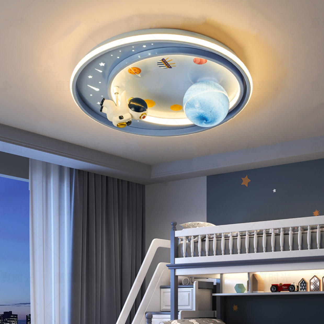 Modern Art Deco Kids Unicorn Planet Round Acrylic Iron LED Flush Mount Ceiling Light for Bedroom, Rainbow Unicorn Decor, Childrens Lighting, Colorful Ceiling Fixture, Playroom Illumination, Kids Room Fairy Tale Light, Creative Home Decor, Nursery Ceiling