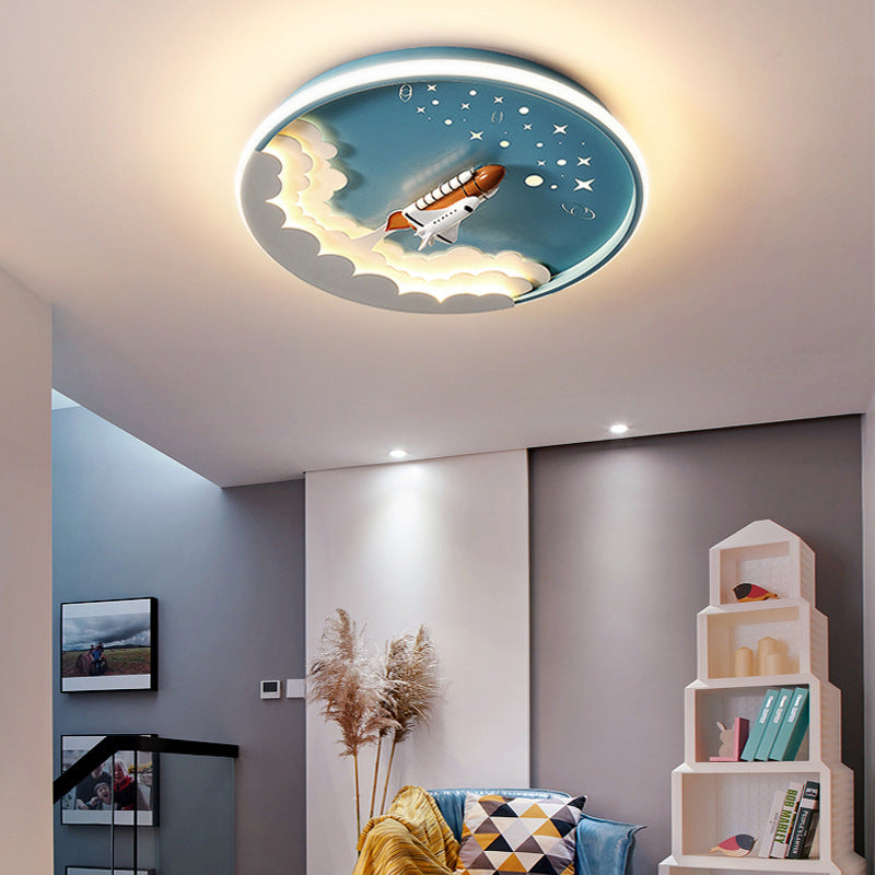 Modern Art Deco Kids Unicorn Rocket Round Silicone Iron LED Flush Mount Ceiling Light for Living Room, Nursery, Children's Room, Playroom, Cute Unicorn Decor, Rocket Ship Design, Energy-Efficient LED Lighting, Playful Ceiling Fixture, Kids Room Lighting,