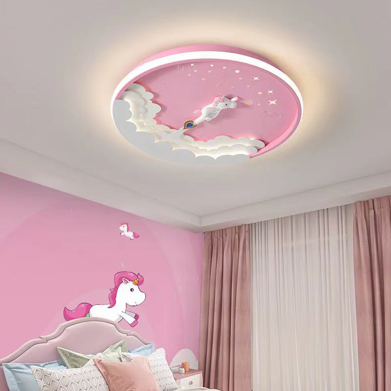 Modern Art Deco Kids Unicorn Rocket Round Silicone Iron LED Flush Mount Ceiling Light for Living Room, Nursery, Children's Room, Playroom, Cute Unicorn Decor, Rocket Ship Design, Energy-Efficient LED Lighting, Playful Ceiling Fixture, Kids Room Lighting,