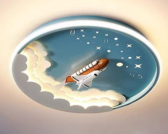 Modern Art Deco Kids Unicorn Rocket Round Silicone Iron LED Flush Mount Ceiling Light for Living Room, Nursery, Children's Room, Playroom, Cute Unicorn Decor, Rocket Ship Design, Energy-Efficient LED Lighting, Playful Ceiling Fixture, Kids Room Lighting,