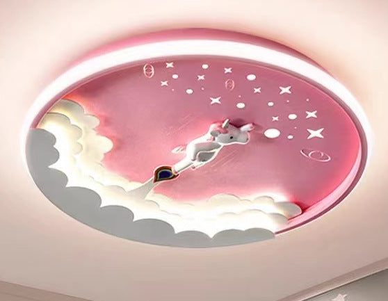 Modern Art Deco Kids Unicorn Rocket Round Silicone Iron LED Flush Mount Ceiling Light for Living Room, Nursery, Children's Room, Playroom, Cute Unicorn Decor, Rocket Ship Design, Energy-Efficient LED Lighting, Playful Ceiling Fixture, Kids Room Lighting,