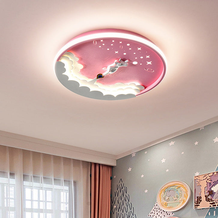 Modern Art Deco Kids Unicorn Rocket Round Silicone Iron LED Flush Mount Ceiling Light for Living Room, Nursery, Children's Room, Playroom, Cute Unicorn Decor, Rocket Ship Design, Energy-Efficient LED Lighting, Playful Ceiling Fixture, Kids Room Lighting,