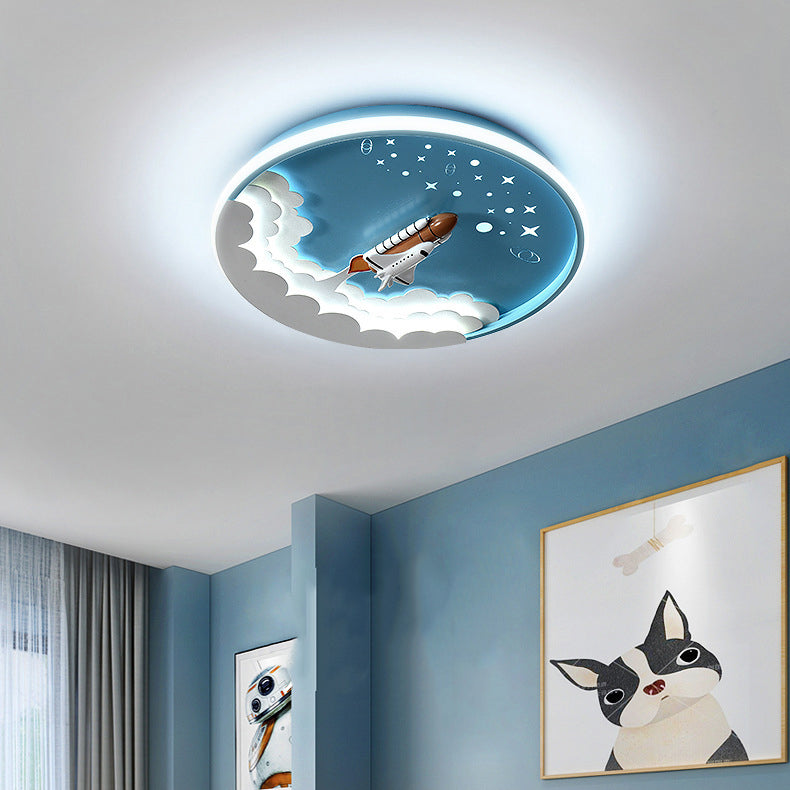 Modern Art Deco Kids Unicorn Rocket Round Silicone Iron LED Flush Mount Ceiling Light for Living Room, Nursery, Children's Room, Playroom, Cute Unicorn Decor, Rocket Ship Design, Energy-Efficient LED Lighting, Playful Ceiling Fixture, Kids Room Lighting,