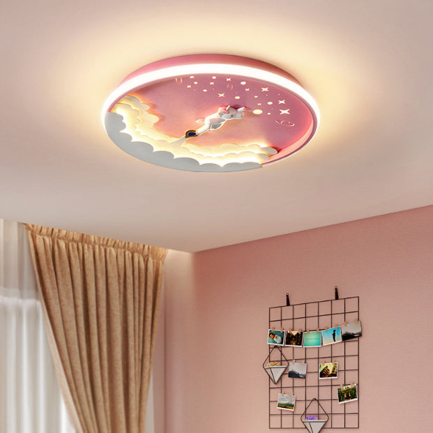 Modern Art Deco Kids Unicorn Rocket Round Silicone Iron LED Flush Mount Ceiling Light for Living Room, Nursery, Children's Room, Playroom, Cute Unicorn Decor, Rocket Ship Design, Energy-Efficient LED Lighting, Playful Ceiling Fixture, Kids Room Lighting,