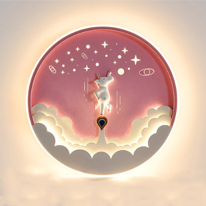 Modern Art Deco Kids Unicorn Rocket Round Silicone Iron LED Flush Mount Ceiling Light for Living Room, Nursery, Children's Room, Playroom, Cute Unicorn Decor, Rocket Ship Design, Energy-Efficient LED Lighting, Playful Ceiling Fixture, Kids Room Lighting,