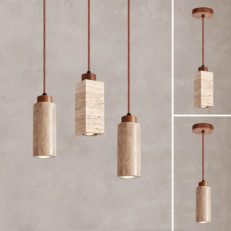 Traditional Japanese Yellow Travertine Wood 1-Light Pendant for Living Room