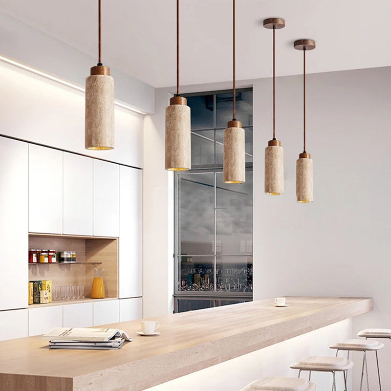 Traditional Japanese Yellow Travertine Wood 1-Light Pendant for Living Room
