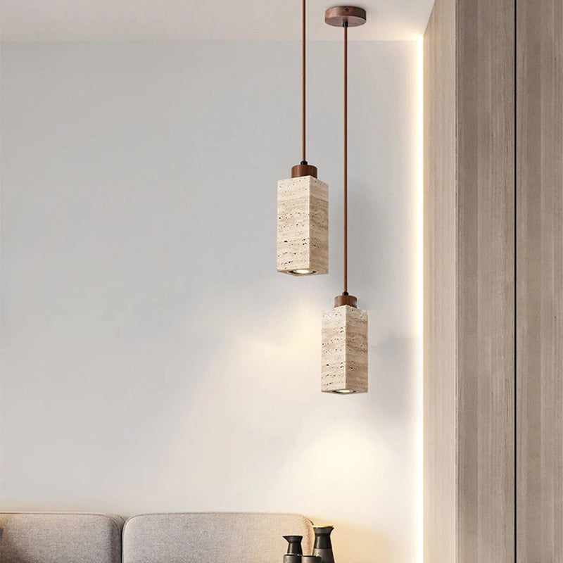 Traditional Japanese Yellow Travertine Wood 1-Light Pendant for Living Room