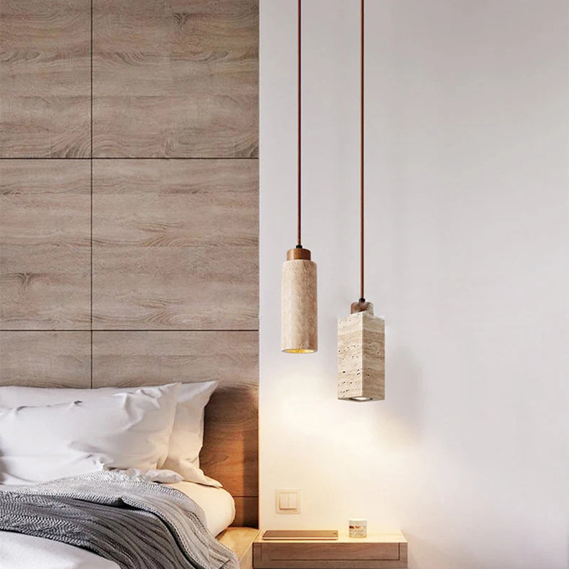 Traditional Japanese Yellow Travertine Wood 1-Light Pendant for Living Room
