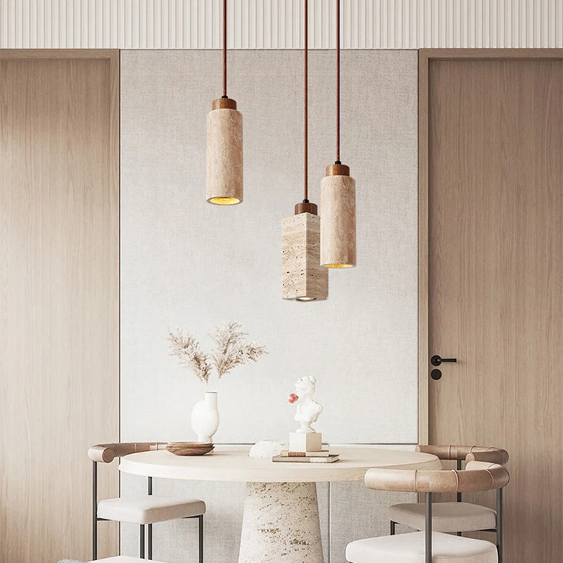 Traditional Japanese Yellow Travertine Wood 1-Light Pendant for Living Room