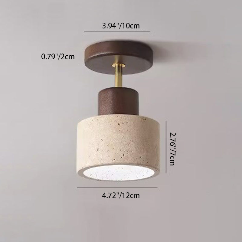 Traditional Japanese Round Cylinder Bowl Light - Yellow Travertine & Rubberwood Semi-Flush Mount 1-Light for Bedroom